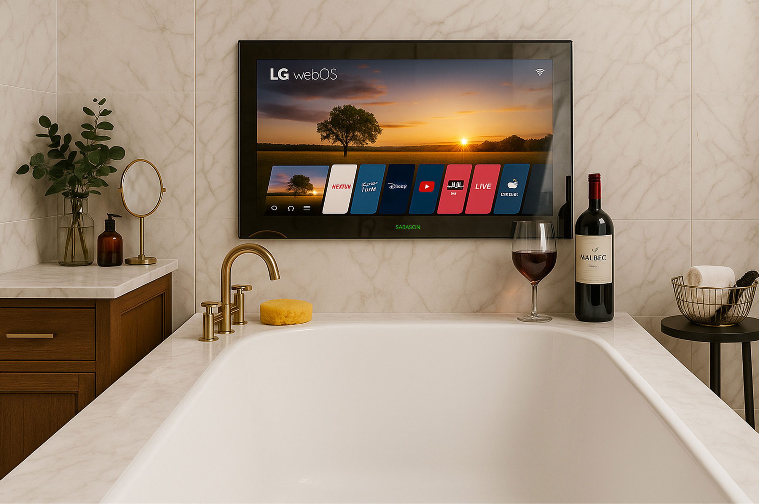 24″ Sarason LG webOS Smart Waterproof Black Bathroom TV LG Panel Exquisite